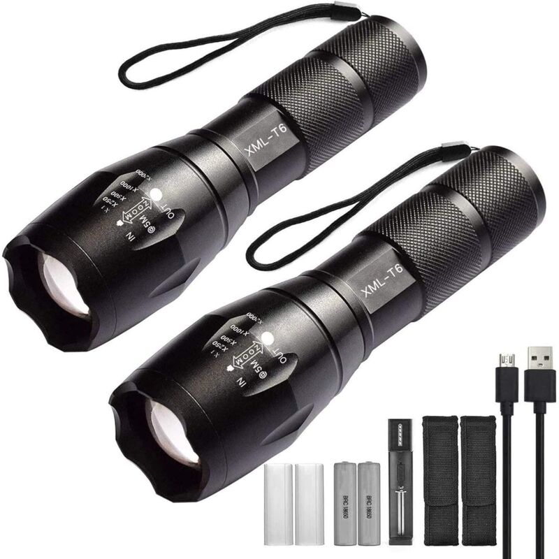 foto del prodotto confezione da 2 potenti torce a led include 2 batterie ricaricabili 18650 caricabatterie usb