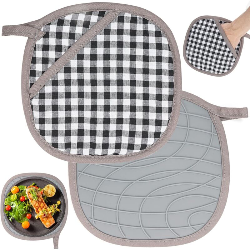 foto del prodotto confezione da 2 presine con borsa, presine in silicone e cotone, guanti da forno resistenti al calore, presine con impugnatura in silicone