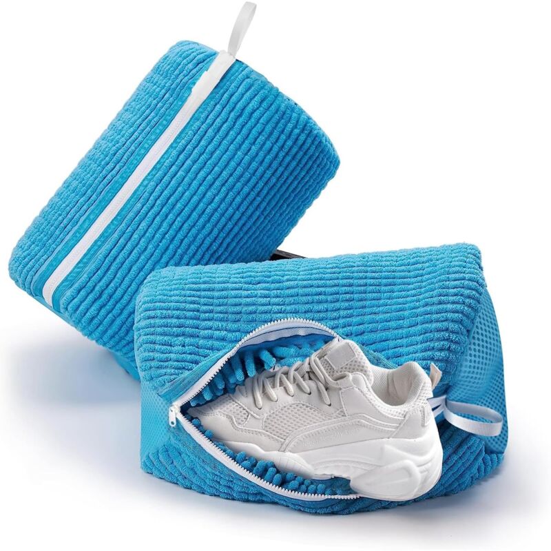 foto del prodotto confezione da 2 sacchetti per il lavaggio delle scarpe con cerniera, sacchetto per il lavaggio delle scarpe in ciniglia per lavatrice e asciugatrice,