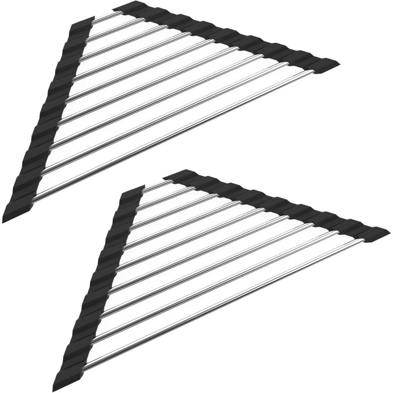 foto del prodotto confezione da 2 scolapiatti triangolare pieghevole e rimovibile in acciaio inox nero 41x15 cm
