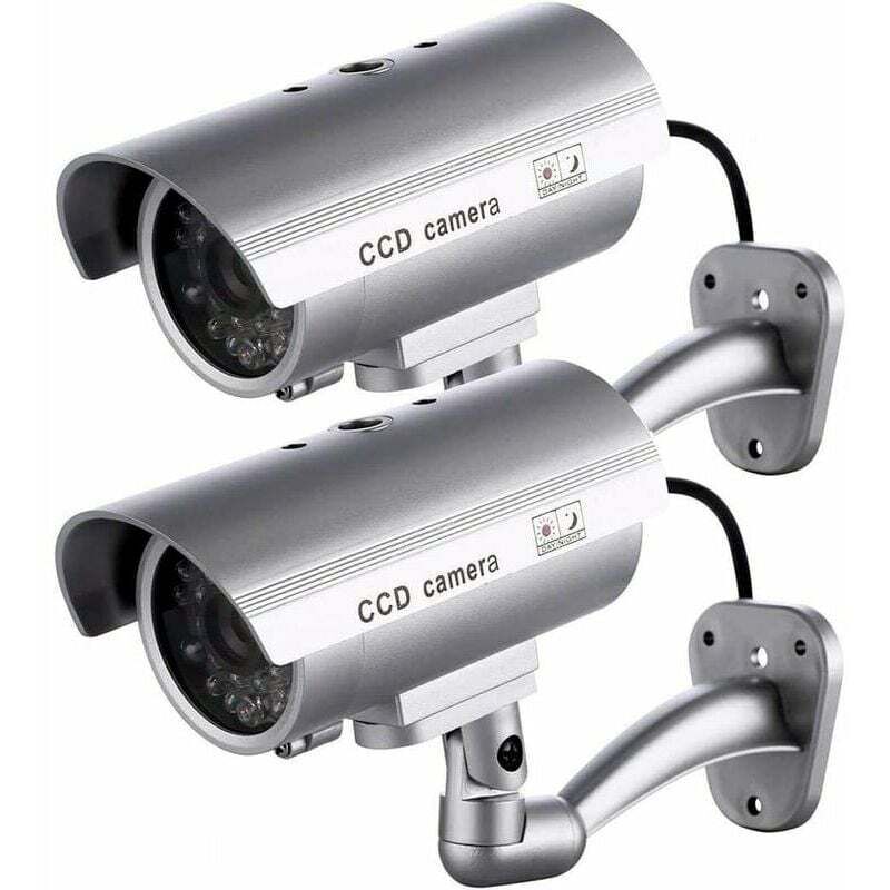 foto del prodotto confezione da 2 telecamera fittizia, telecamera fittizia da esterno per uso interno o esterno, con forma a proiettile e led lampeggiante, rtgpt