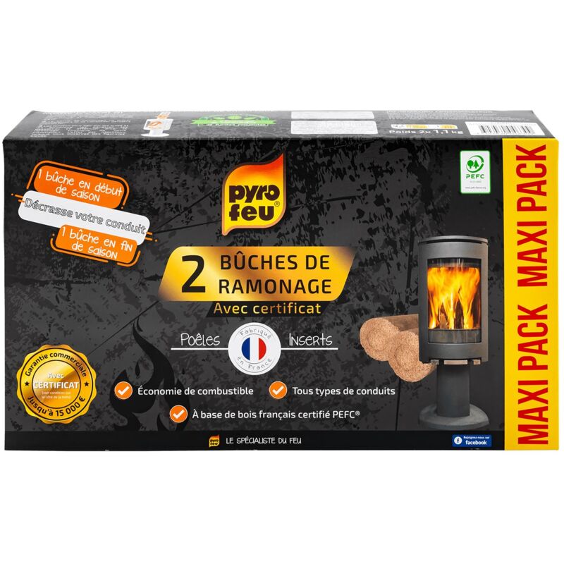 foto del prodotto confezione da 2 tronchi di pulizia pyrofeu per inserto con certificato