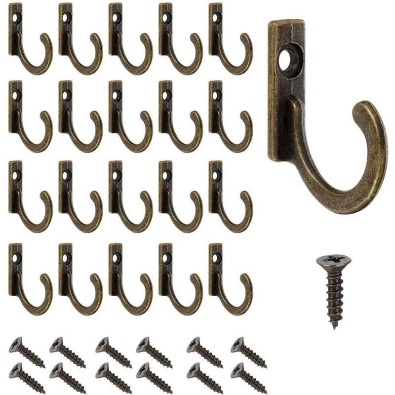 foto del prodotto confezione da 20 ganci da parete in bronzo vintage con viti piccoli ganci da armadio con viti per ciotole, gioielli, asciugamani, bagno, cucina