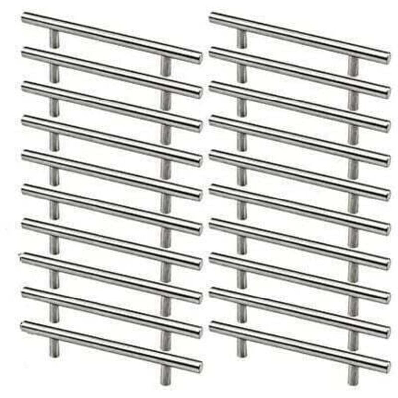 foto del prodotto confezione da 20 maniglie per mobili da cucina in acciaio inossidabile, interasse fori 128 mm, acciaio spazzolato, a forma di t