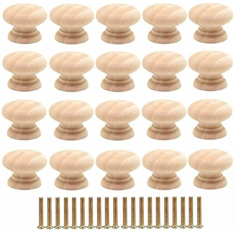 foto del prodotto confezione da 20 pomelli rotondi in legno da 35 mm per cassetti e ante di mobili con viti.