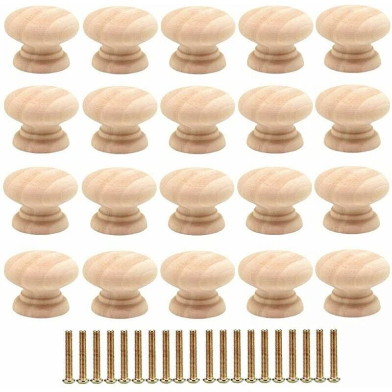 foto del prodotto confezione da 20 pomelli rotondi in legno da 35 mm per cassetti maniglie per ante di armadi con viti