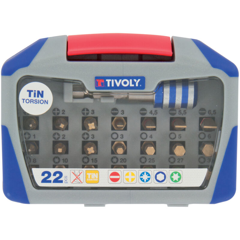 foto del prodotto confezione da 22 pezzi di punte per cacciavite torsion tin, contiene 3 pz, 3ph, 7tx, 4hex, 4fe, 1 portapunte tivoly