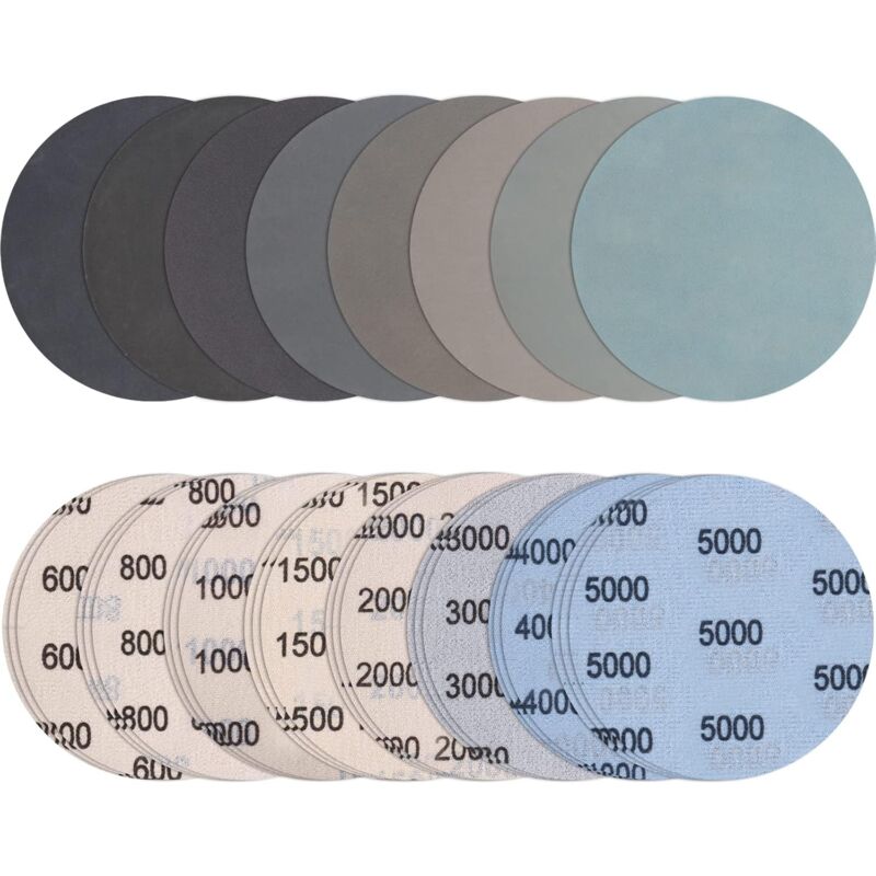 foto del prodotto confezione da 24 dischi abrasivi velcro 125 mm grana 600 800 1000 1500 2000 3000 4000 5000 tondi senza foro dischi abrasivi a secco e a umido