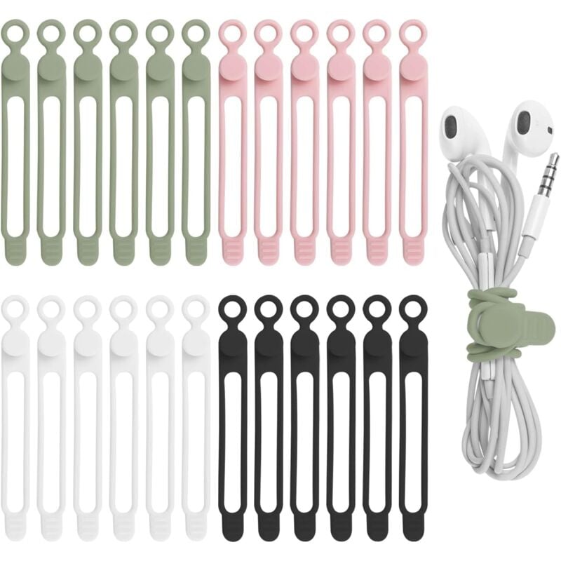 foto del prodotto confezione da 24 fascette fermacavi in silicone per cuffie, caricabatterie per telefono, computer, fascette fermacavi riutilizzabili per casa,