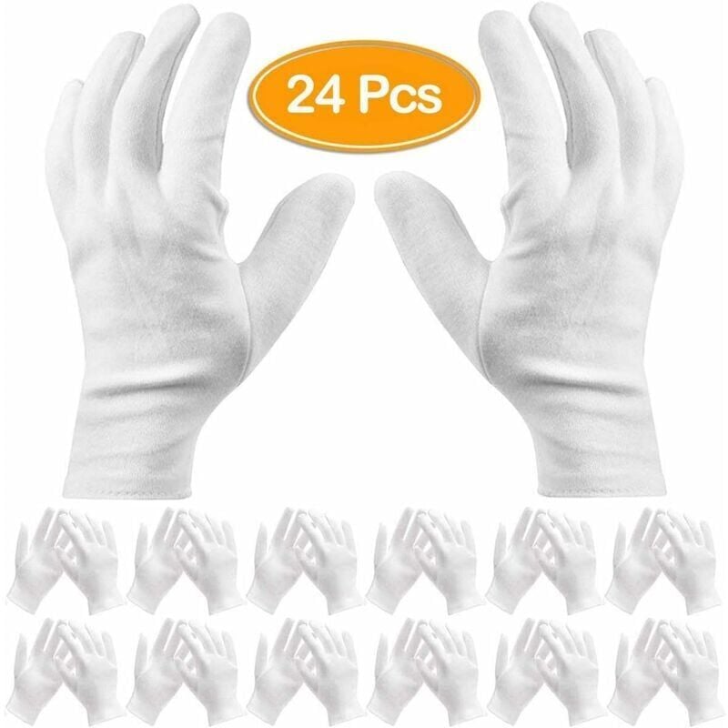 foto del prodotto confezione da 24 guanti bianchi in cotone 19 cm di lunghezza , guanti da lavoro, guanti idratanti e cosmetici per mani secche ed eczema, ispezione