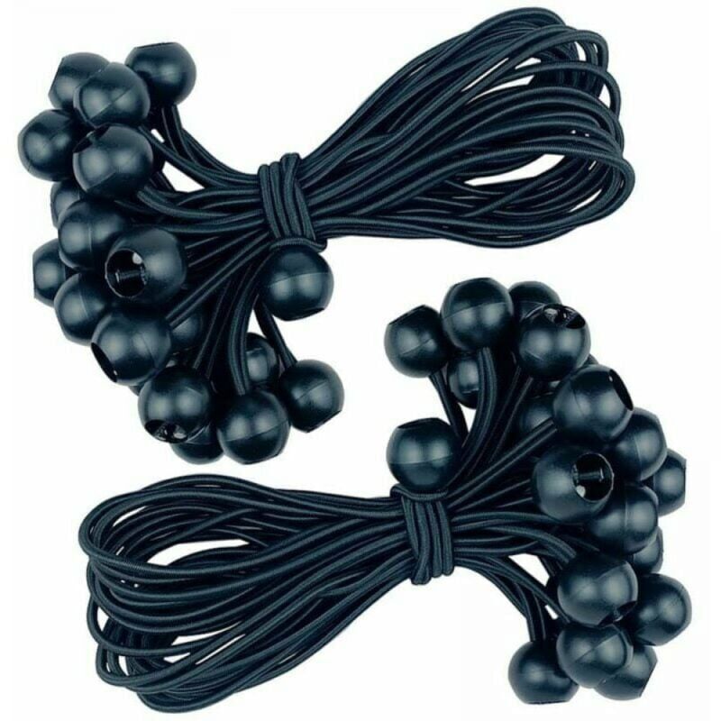 foto del prodotto confezione da 25 elastici lunghi 15 cm, ideali per fissare tende, teloni, borse, trampolini e altro ancora.