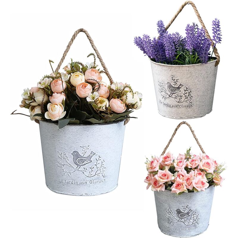 foto del prodotto confezione da 3 cesti di fiori sospesi fioriere da parete zincate per decorazioni in stile fattoria, fioriere semi rotonde per decorazioni da