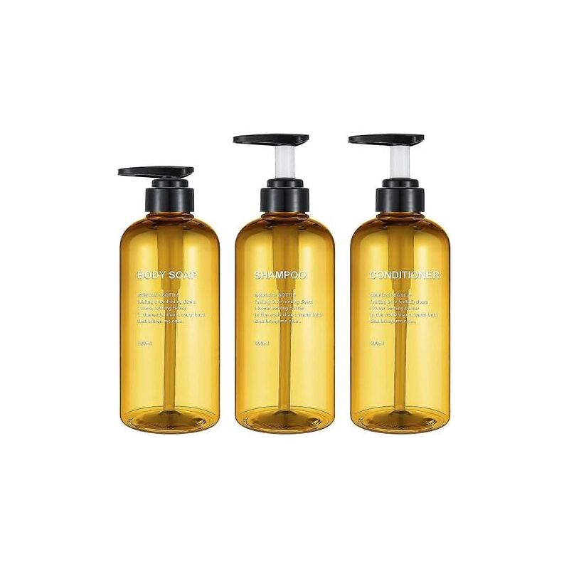 foto del prodotto confezione da 3 flaconi di shampoo vuoti da 17 once, flaconi di pompaggio in plastica gialla da 500 ml con contenitori per erogatori di sapone