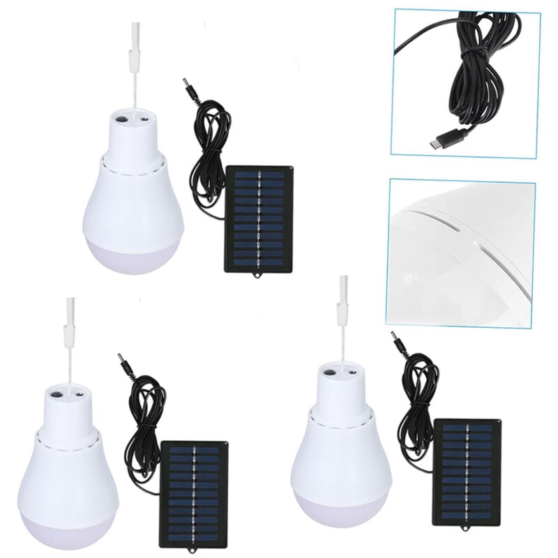 foto del prodotto confezione da 3, lampadina led solare, lampadina led, lampadina solare, luce solare per esterni, pannello solare, tipo a imbracatura, tipo a