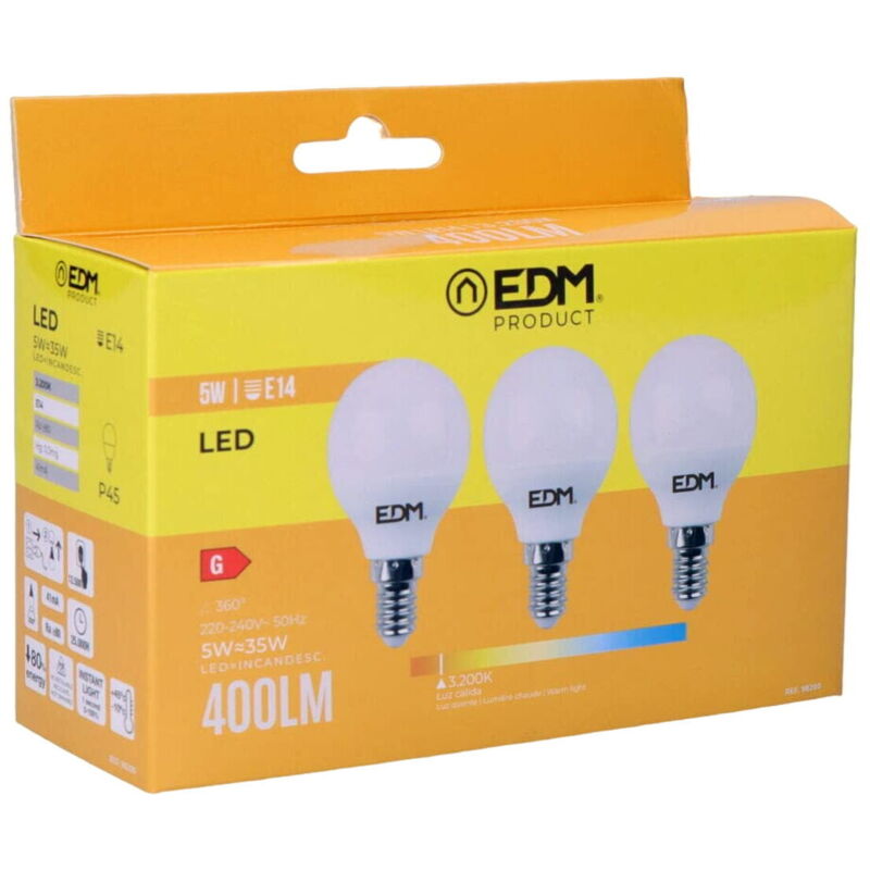 foto del prodotto confezione da 3 lampadine led edm 98200 g 35 w 5 w 50 w e14 400 lm 4,5 x 8 cm 3200 k 