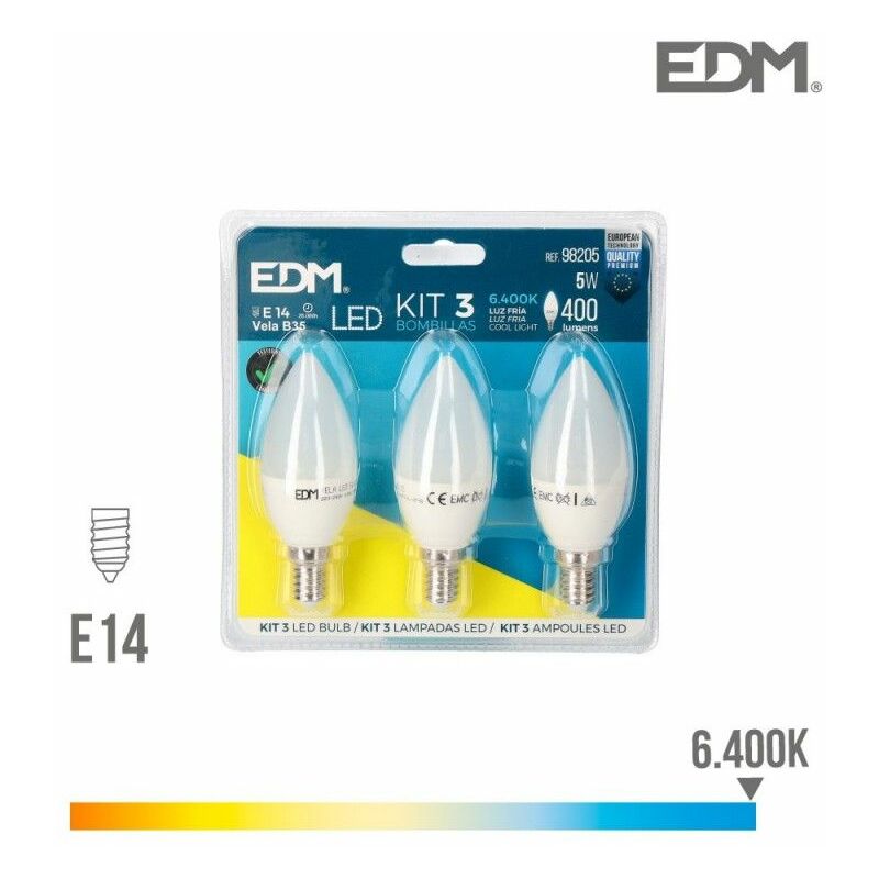 foto del prodotto confezione da 3 lampadine led edm 98205 g 35 w 5 w 50 w e14 400 lm 3,6 x 10 cm 6400 k 