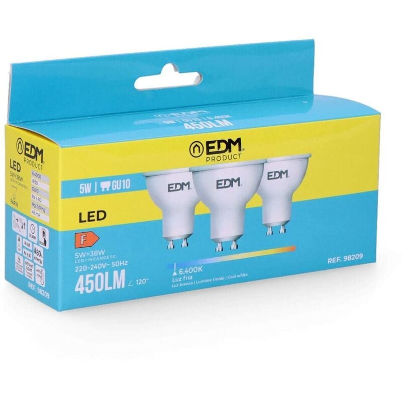 foto del prodotto confezione da 3 lampadine led edm 98209 f 5 w 45 w 38 w gu10 450 lm 5 x 5,5 cm 6400 k 