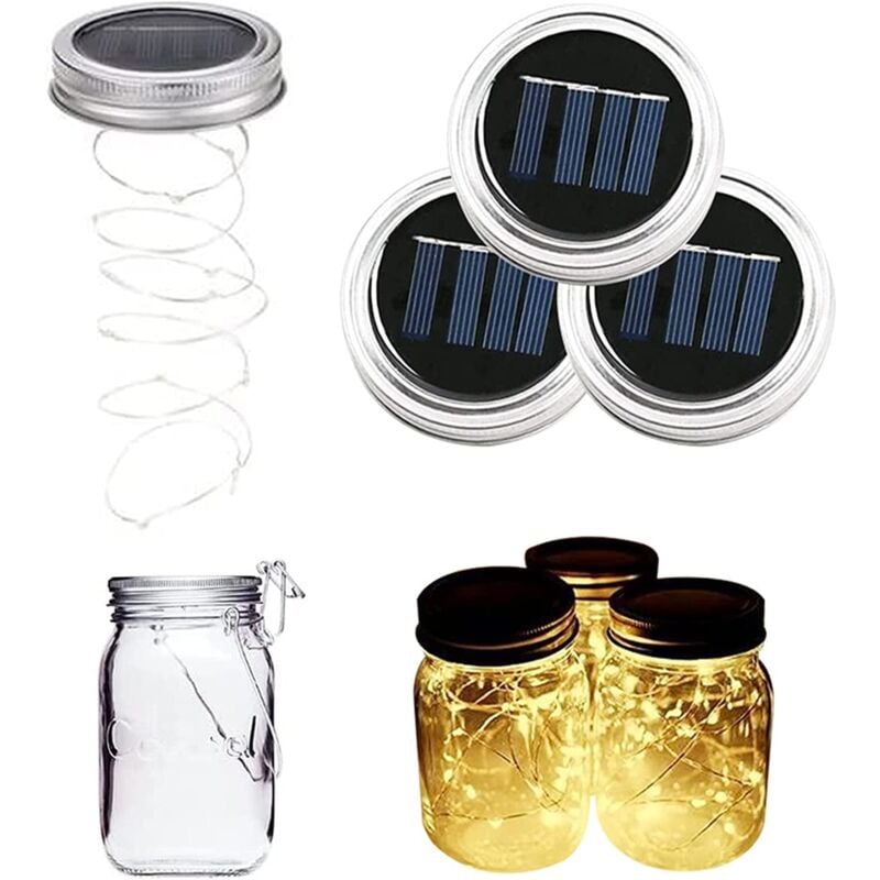 foto del prodotto confezione da 3 luci a stringa con coperchio per barattolo di vetro, impermeabili, 2 m, 20 led, decorazione per lampada d atmosfera fai da te, per