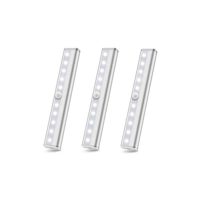 foto del prodotto confezione da 3 luci led con sensore di movimento per armadio, a batteria, da attaccare ovunque, illuminazione wireless sottopensile, 10 led senza