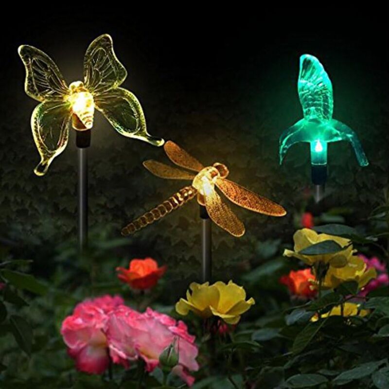 foto del prodotto confezione da 3 luci solari da giardino a forma di farfalla, colibr , libellula, led multicolore ad energia solare