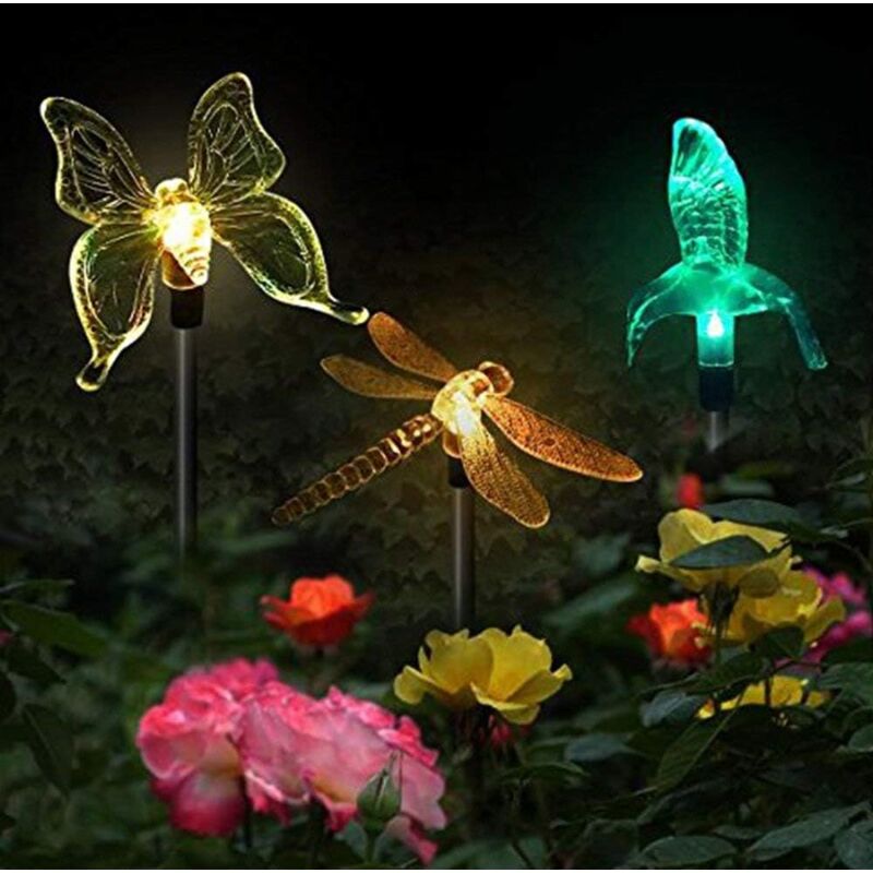 foto del prodotto confezione da 3 luci solari da giardino a forma di farfalla, colibr , libellula, led multicolore ad energia solare