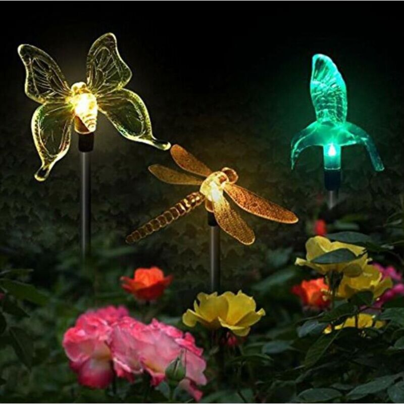foto del prodotto confezione da 3 luci solari da giardino, farfalla, colibr , forma di libellula, led ad energia solare, multicolore