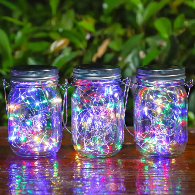 foto del prodotto confezione da 3 luci solari per esterni luce solare da esterno a 30 led, luce esterna impermeabile ip65, luce solare sospesa a barattolo di vetro