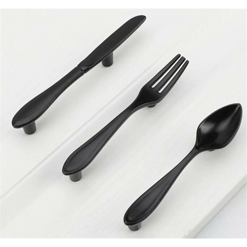 foto del prodotto confezione da 3 maniglie per porte a forma di coltello, cucchiaio e forchetta, foro centrale, 3 7,6 cm , nero opaco sollbry
