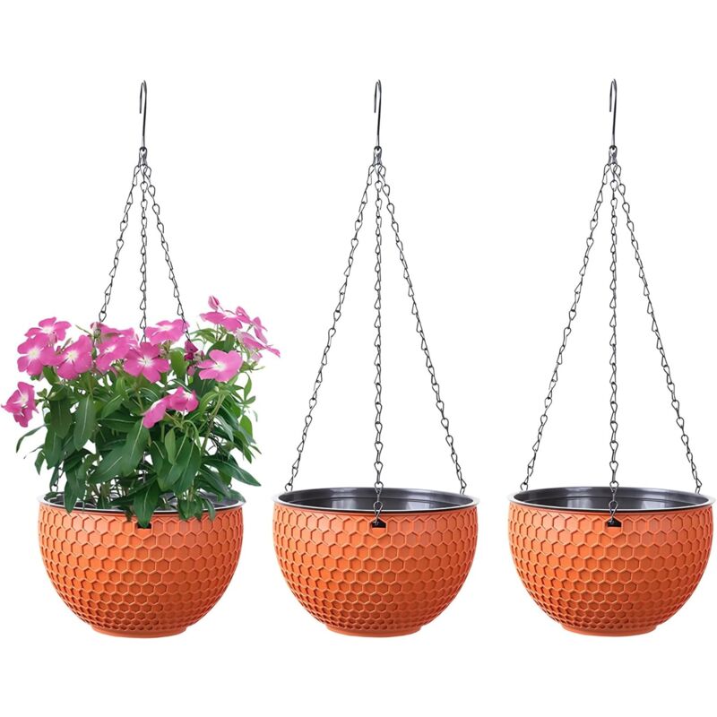 foto del prodotto confezione da 3 vasi da fiori sospesi, fioriera autoirrigante con serbatoio d acqua e foro di drenaggio, fioriera a nido d ape con catene in acciaio