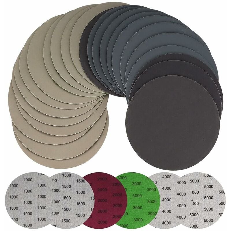 foto del prodotto confezione da 30 dischi abrasivi rotondi a secco e a umido da 125 mm grana 1000 1500 2000 3000 4000 5000 per metallo e legno levigatrice