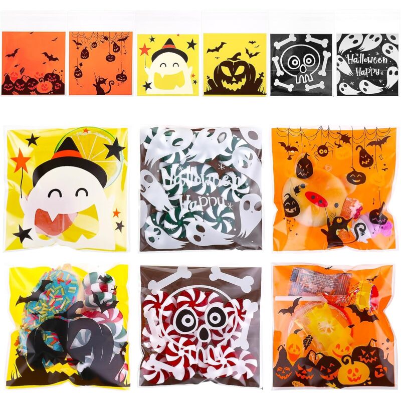 foto del prodotto confezione da 300 sacchetti per dolcetti di halloween, 6 pezzi sacchetti per caramelle trasparenti autoadesivi carini per bomboniere di halloween a 