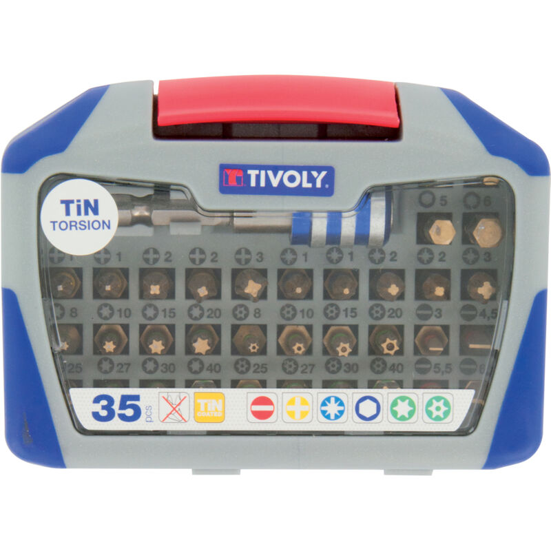 foto del prodotto confezione da 35 pezzi 34 inserti elicoidali rivestiti tin 1 portainserti magnetico a cambio rapido tivoly