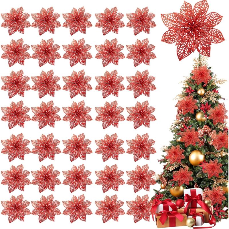 foto del prodotto confezione da 36 fiori di poinsettia glitterati natalizi, fiori di seta artificiale da 4 pollici per ghirlande natalizie e decorazioni per le feste
