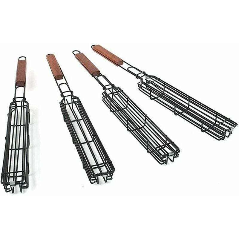 foto del prodotto confezione da 4 cestini per spiedini antiaderenti per barbecue con manico in legno resistente al calore per verdure, gamberetti, frutti di mare,
