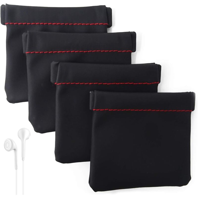 foto del prodotto confezione da 4 custodie per auricolari in pelle pu con chiusura a molla per trasportare o riporre gli auricolari.