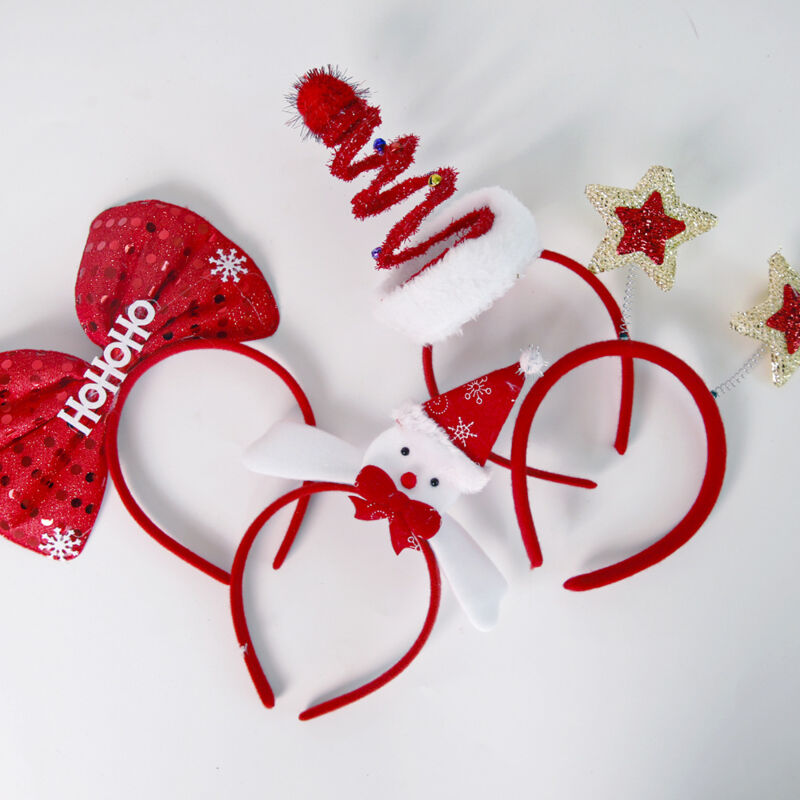 foto del prodotto confezione da 4 fasce natalizie per bambini, fascia hawaiana, fascia a stella a cinque punte, copricapo natalizio in tessuto, utensili per il ballo