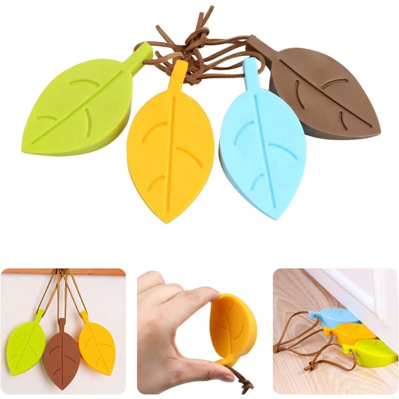 foto del prodotto confezione da 4 fermaporta in silicone, fermaporta flessibile per angoli di porte e finestre con motivo a foglie di cartone animato, con cordino per