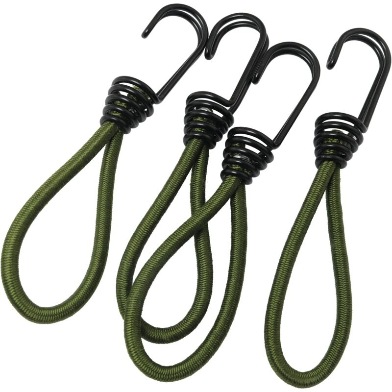 foto del prodotto confezione da 4 ganci per corda elastica da 6 mm, verde militare, resistenti, a spirale, con corda elastica riflettente staccabile da 6, gancio per