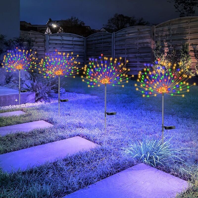 foto del prodotto confezione da 4 luci solari per fuochi d artificio, 120 led, 40 fili di rame, luci ad energia solare per vialetti, giardini, cortili, decorazioni