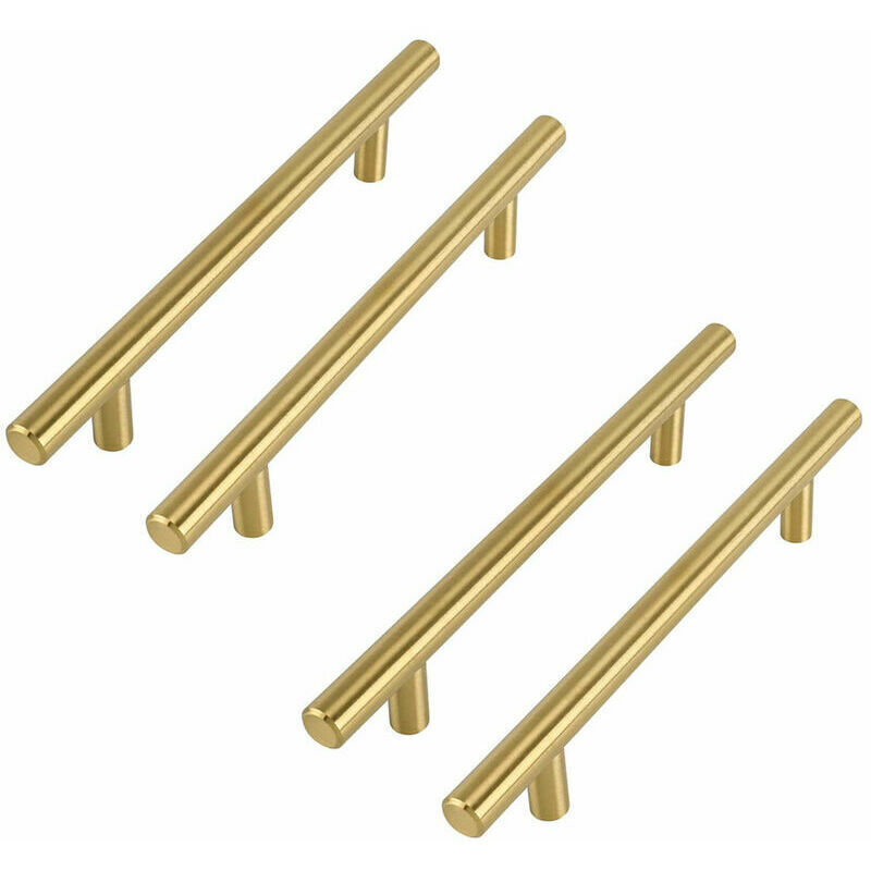 foto del prodotto confezione da 4 maniglie per mobili in ottone spazzolato, distanza centrale 96 mm, confezione da 4 maniglie per mobili da cucina dorate, maniglie per