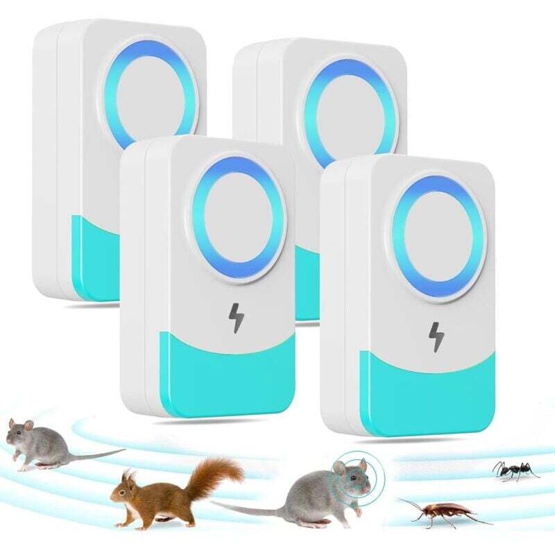 foto del prodotto confezione da 4 repellenti per topi a ultrasuoni, variazione di frequenza 60/s, adatti a diverse occasioni, prevengono ratti, topi, formiche e scarafaggi.