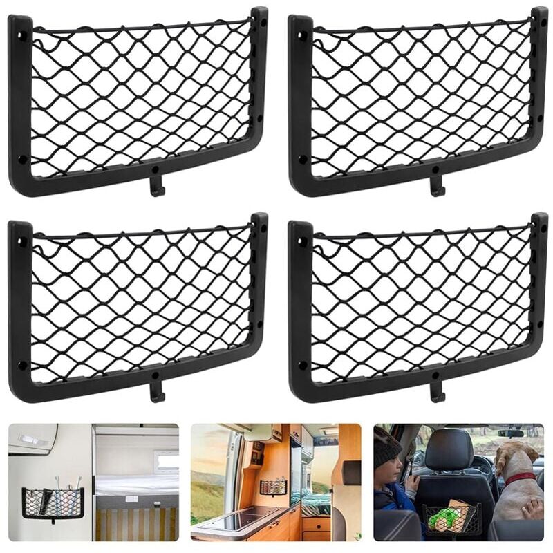 foto del prodotto confezione da 4 reti portaoggetti per auto, reti portaoggetti per bagagliaio, reti per bagagliaio, con viti, ganci, borsa organizer per auto, camper,