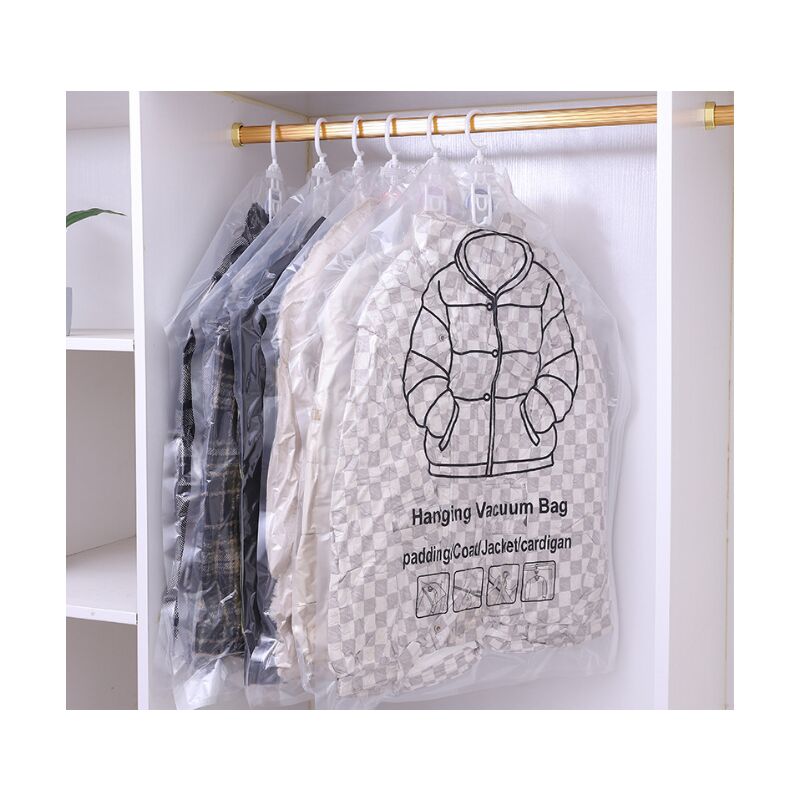 foto del prodotto confezione da 4 sacchetti sottovuoto sospesi, sacchetti di compressione sottovuoto sospesi, sacchetti trasparenti per riporre vestiti, cappotti,