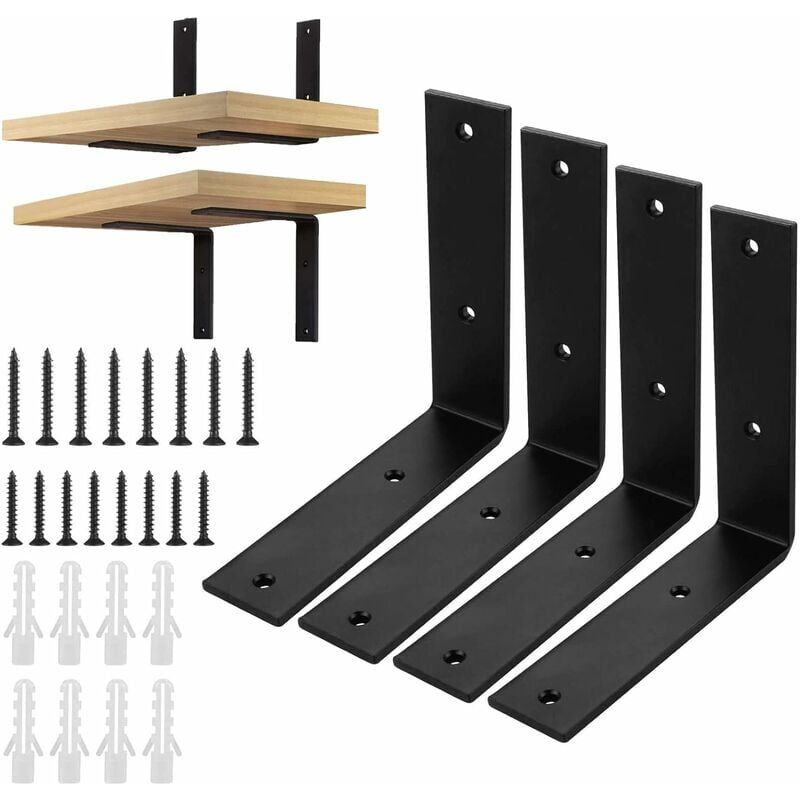 foto del prodotto confezione da 4 staffe per mensole nere 150x150x38x5mm supporto per mensole da parete con 16 viti