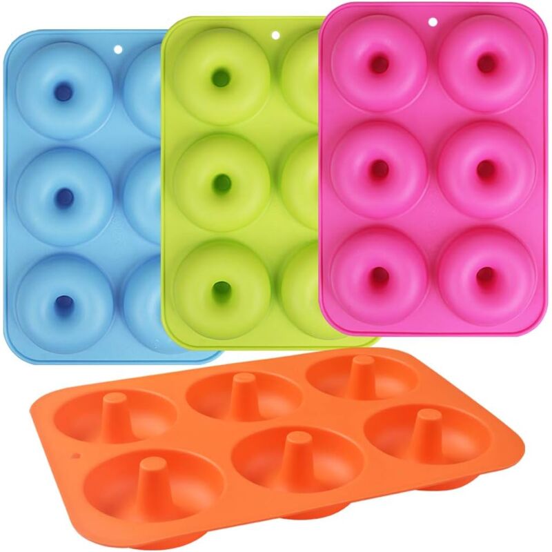 foto del prodotto confezione da 4 stampi per ciambelle in silicone antiaderente a 6 cavit per ciambelle e bagel, blu verde rosa arancione
