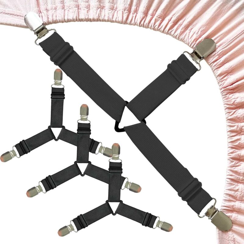 foto del prodotto confezione da 4 supporti elastici per lenzuoli con angoli triangolari con cinghie di fissaggio regolabili, neri, per biancheria da letto, lenzuola,