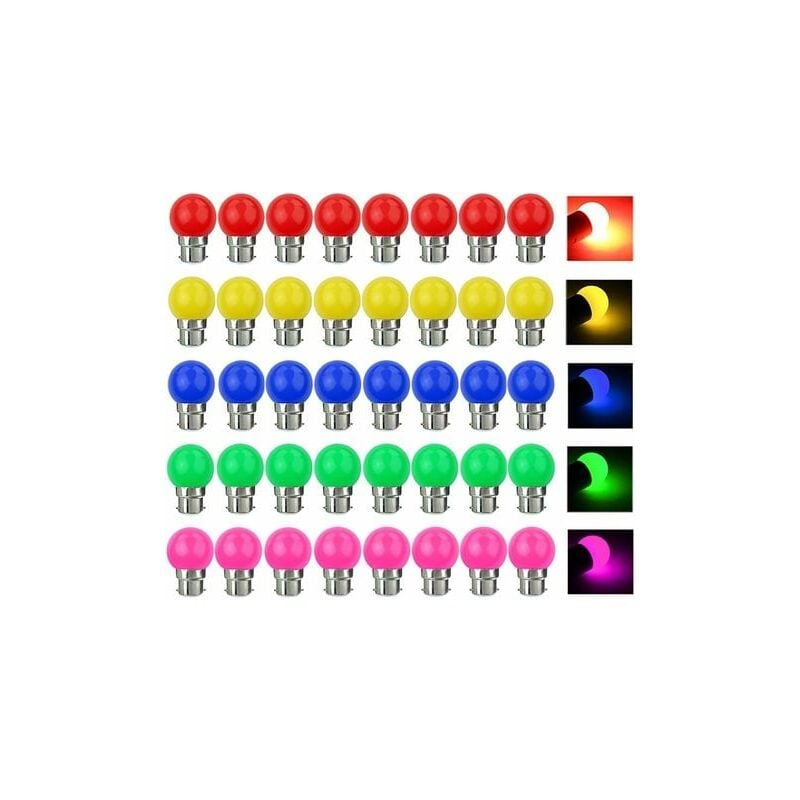 foto del prodotto confezione da 40 lampadine led colorate b22 da 3 w equivalenti a lampadine a baionetta b22 da 30 w e 300 lumen, ca 220 v. luci a stringa led colorate