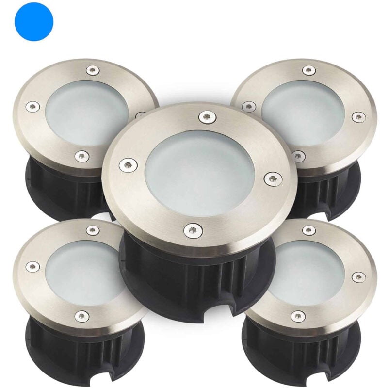 foto del prodotto confezione da 5 faretti da incasso a pavimento blu dc12v 2w 110lm impermeabili ip67 rotondi foratura 85mm diffusore smerigliat