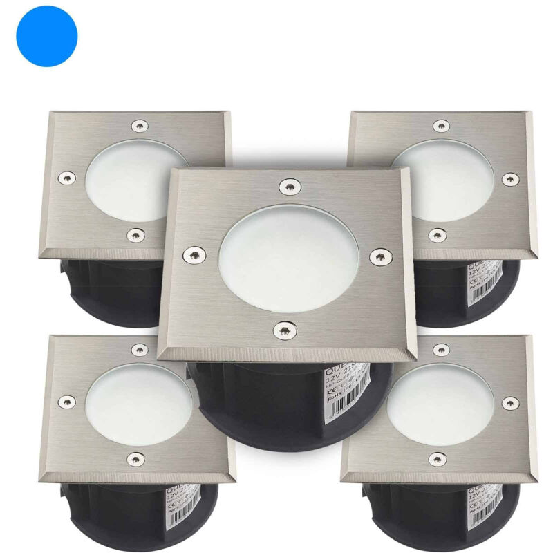 foto del prodotto confezione da 5 faretti da incasso a terra blu supporta 1.5w 110lm dc12v impermeabile ip67 quadrato foratura 85mm diffusore sm