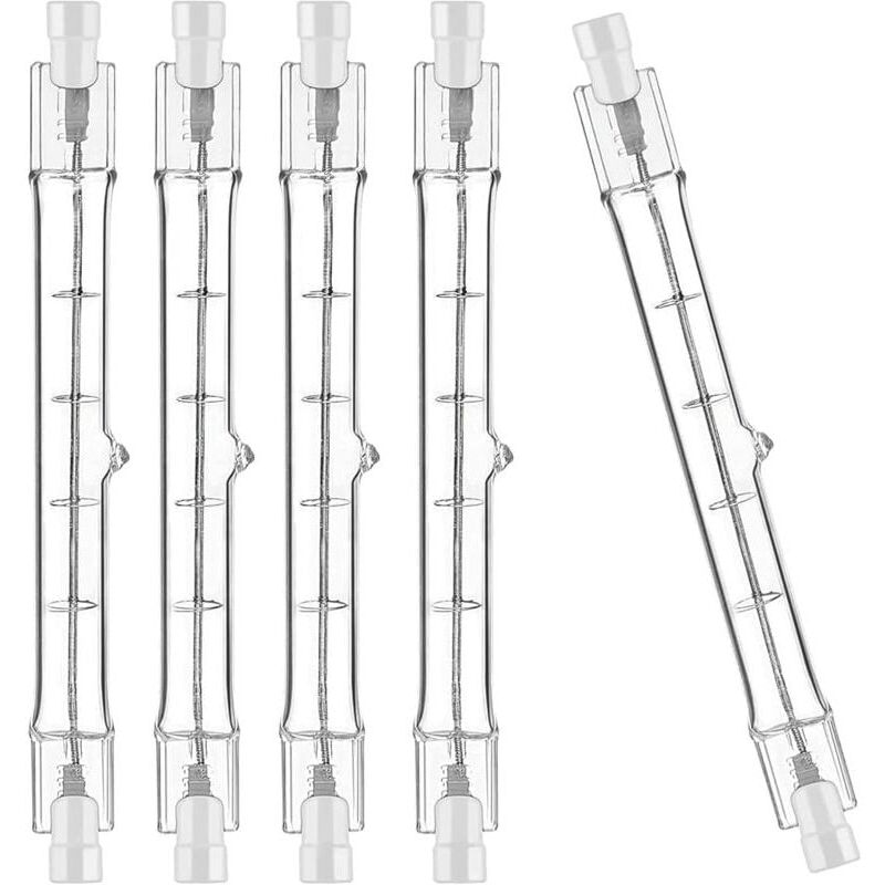 foto del prodotto confezione da 5 lampadine alogene r7s da 118 mm, 200 w, 230 v, alogena a barra r7s da 118 mm, lampadina alogena a barra r7s dimmerabile per faretti